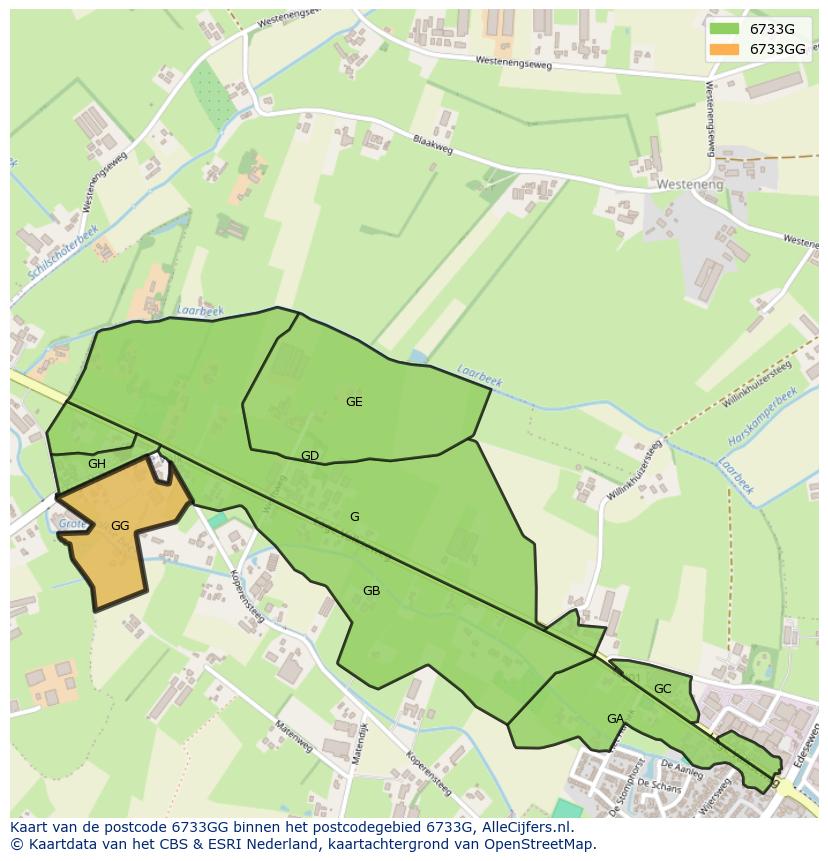 Afbeelding van het postcodegebied 6733 GG op de kaart.