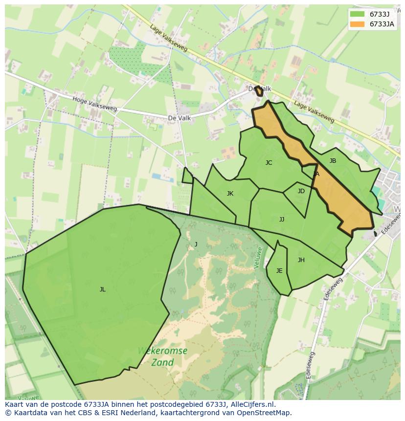 Afbeelding van het postcodegebied 6733 JA op de kaart.