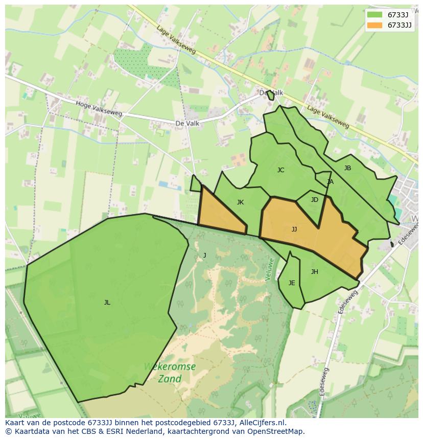 Afbeelding van het postcodegebied 6733 JJ op de kaart.