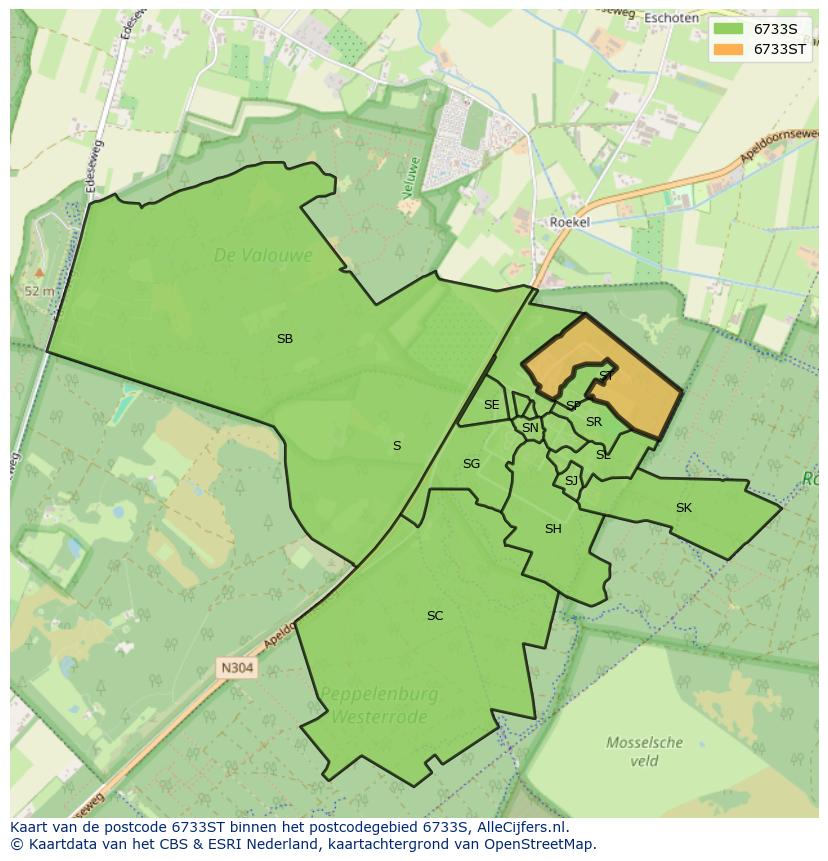Afbeelding van het postcodegebied 6733 ST op de kaart.