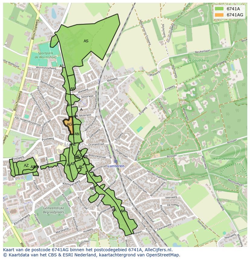 Afbeelding van het postcodegebied 6741 AG op de kaart.