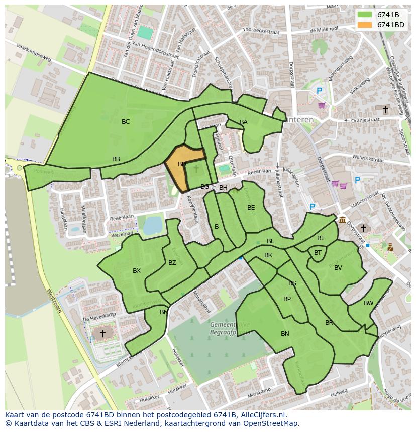 Afbeelding van het postcodegebied 6741 BD op de kaart.