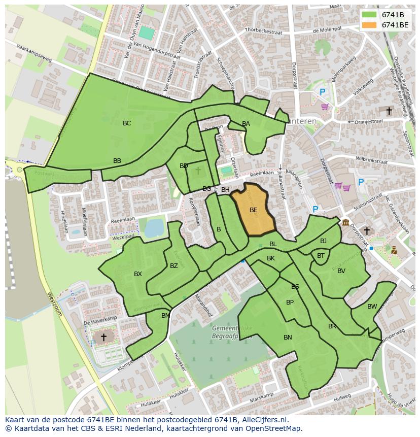 Afbeelding van het postcodegebied 6741 BE op de kaart.