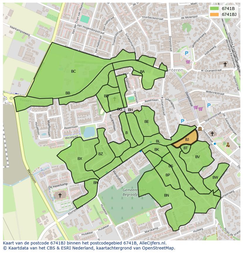 Afbeelding van het postcodegebied 6741 BJ op de kaart.