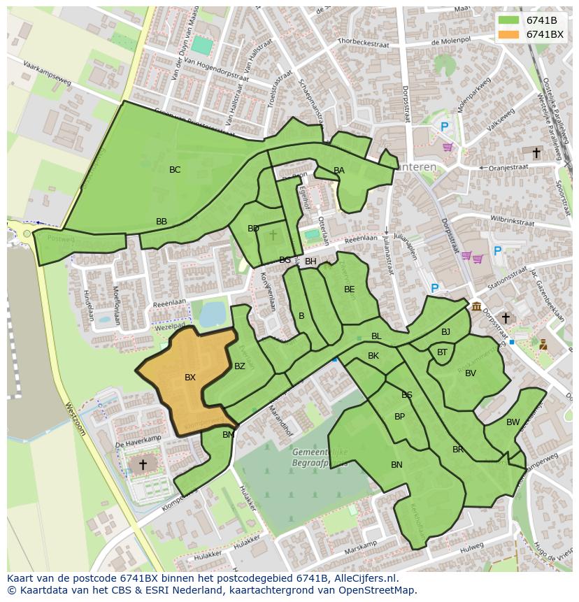 Afbeelding van het postcodegebied 6741 BX op de kaart.