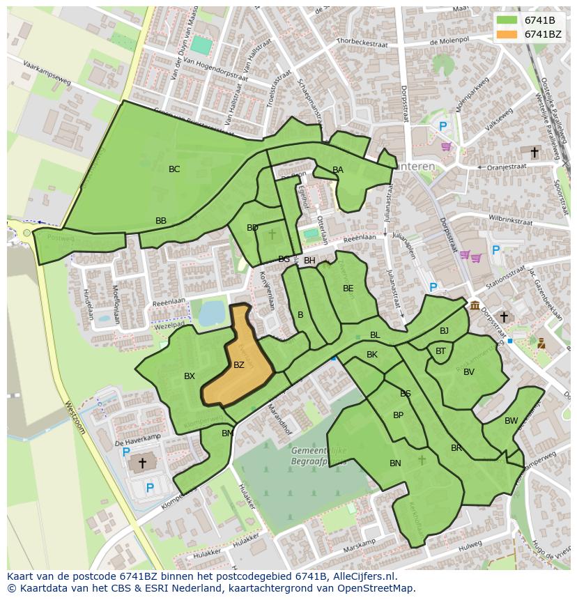 Afbeelding van het postcodegebied 6741 BZ op de kaart.