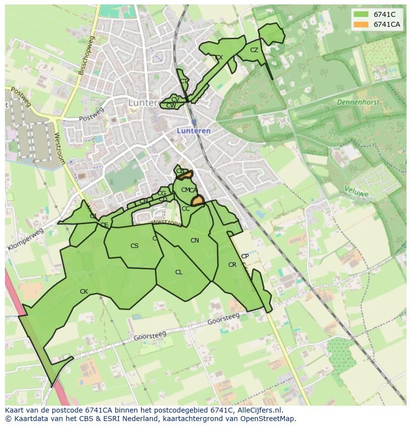 Afbeelding van het postcodegebied 6741 CA op de kaart.