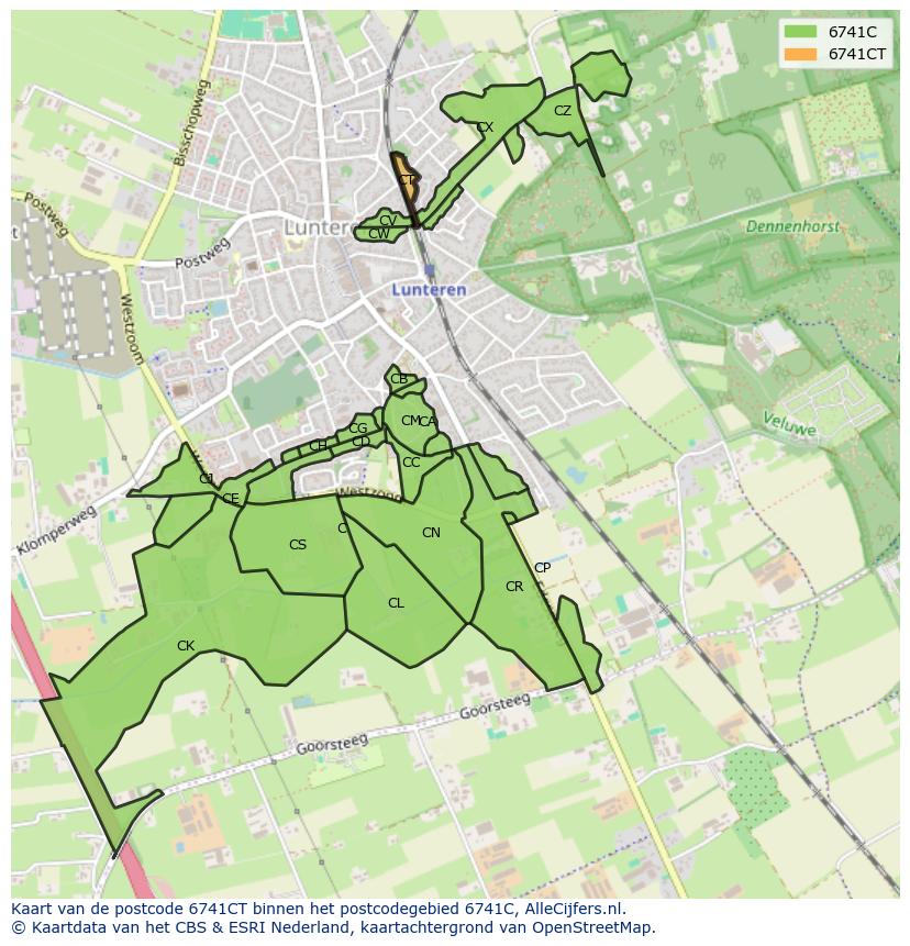 Afbeelding van het postcodegebied 6741 CT op de kaart.