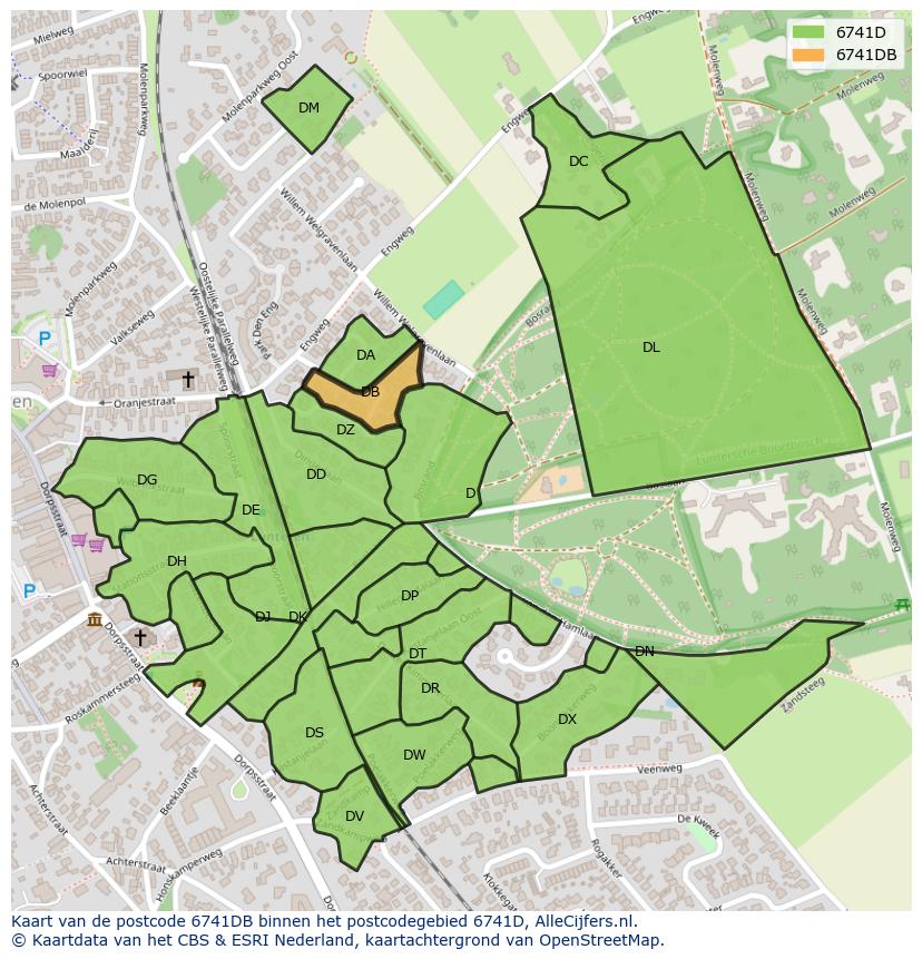 Afbeelding van het postcodegebied 6741 DB op de kaart.