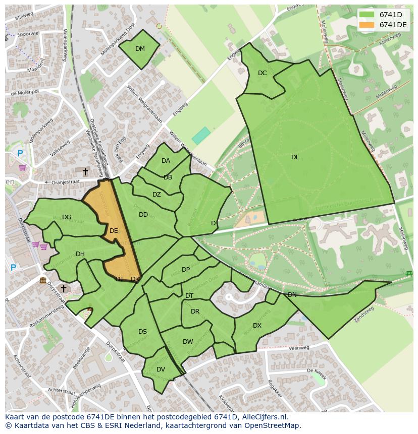 Afbeelding van het postcodegebied 6741 DE op de kaart.