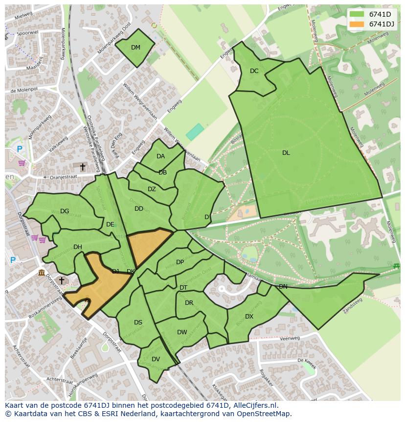 Afbeelding van het postcodegebied 6741 DJ op de kaart.