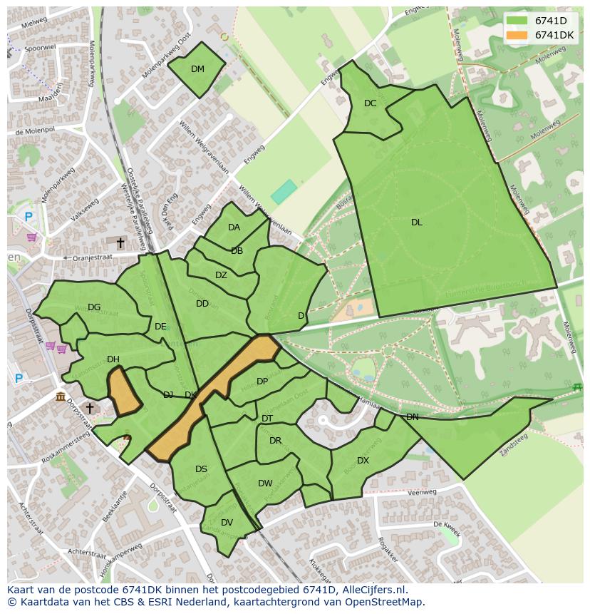 Afbeelding van het postcodegebied 6741 DK op de kaart.