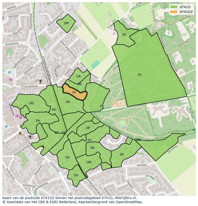 Afbeelding van het postcodegebied 6741 DZ op de kaart.