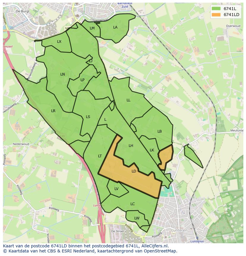 Afbeelding van het postcodegebied 6741 LD op de kaart.