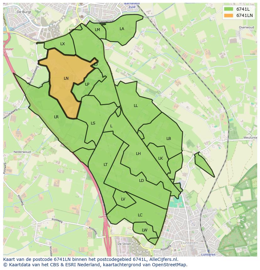 Afbeelding van het postcodegebied 6741 LN op de kaart.