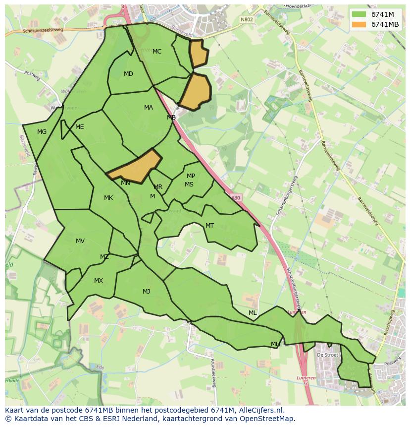 Afbeelding van het postcodegebied 6741 MB op de kaart.