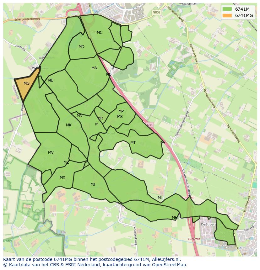 Afbeelding van het postcodegebied 6741 MG op de kaart.