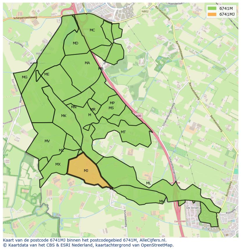 Afbeelding van het postcodegebied 6741 MJ op de kaart.