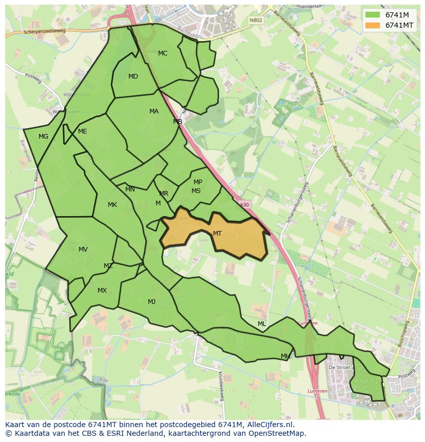Afbeelding van het postcodegebied 6741 MT op de kaart.
