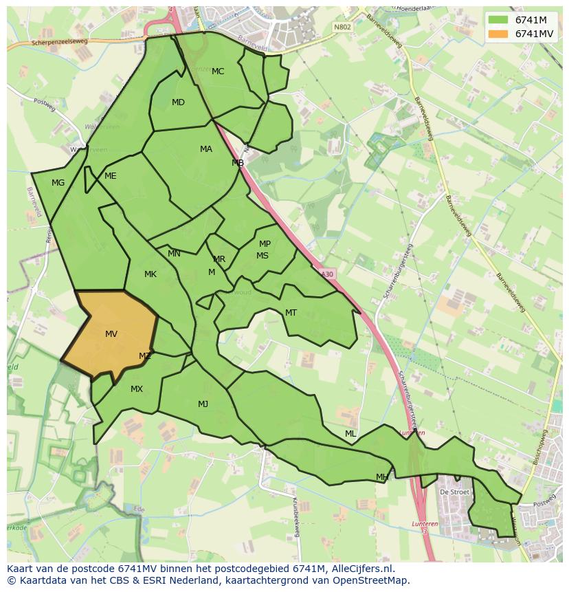 Afbeelding van het postcodegebied 6741 MV op de kaart.