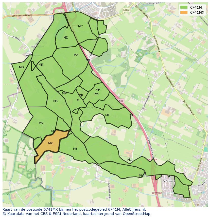 Afbeelding van het postcodegebied 6741 MX op de kaart.