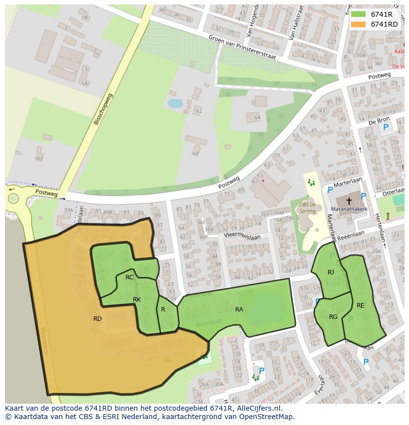 Afbeelding van het postcodegebied 6741 RD op de kaart.