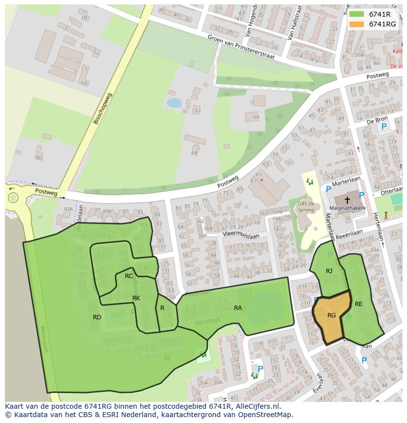 Afbeelding van het postcodegebied 6741 RG op de kaart.
