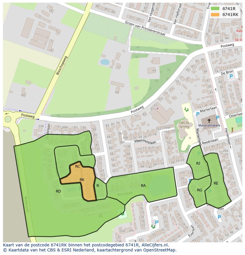 Afbeelding van het postcodegebied 6741 RK op de kaart.