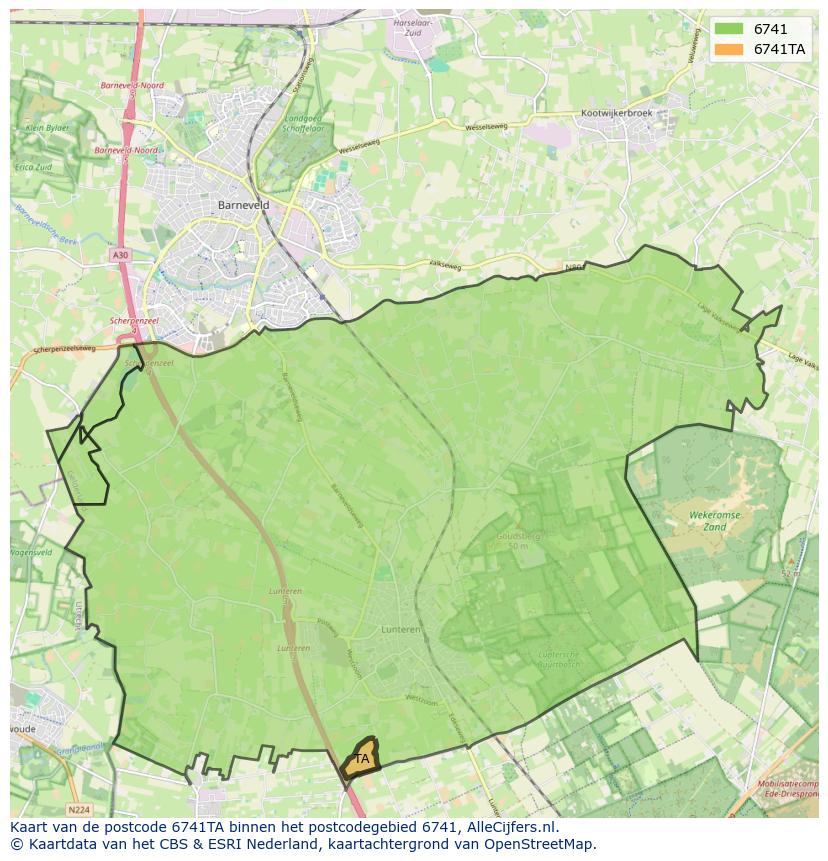 Afbeelding van het postcodegebied 6741 TA op de kaart.