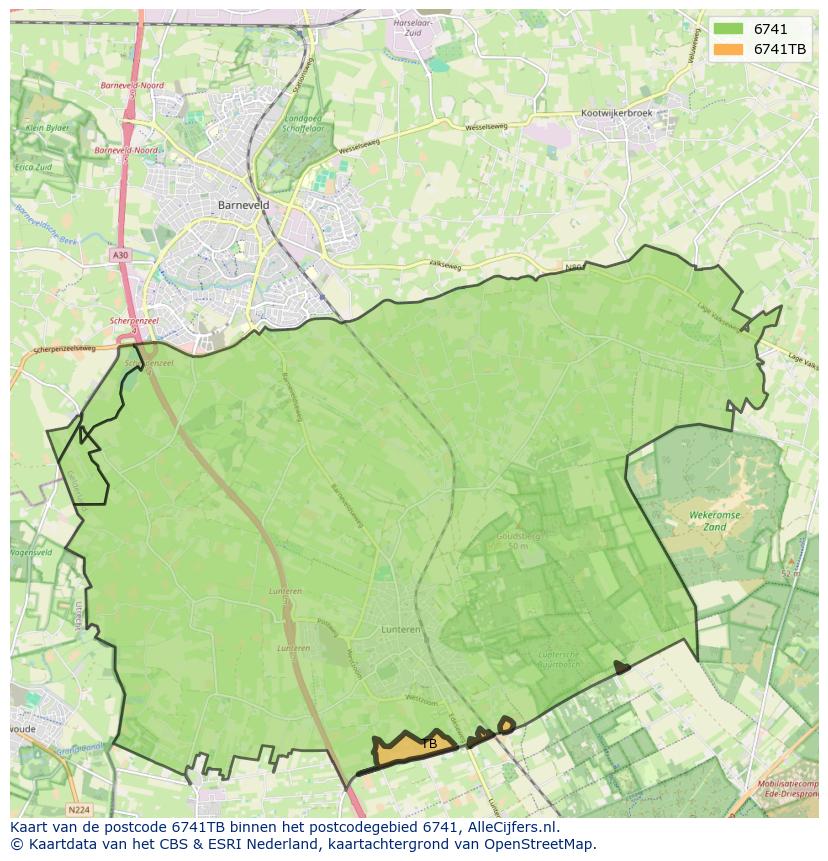 Afbeelding van het postcodegebied 6741 TB op de kaart.