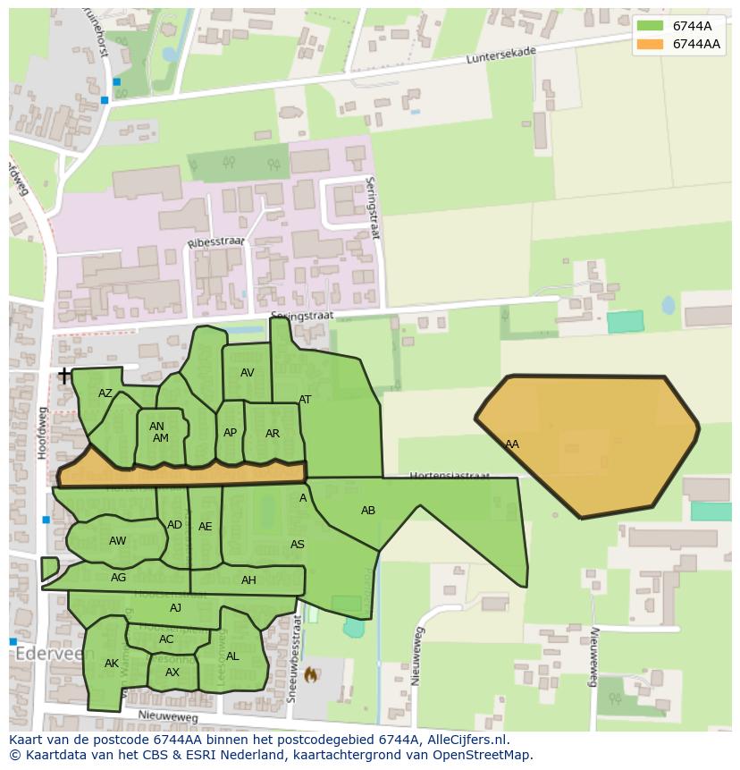 Afbeelding van het postcodegebied 6744 AA op de kaart.