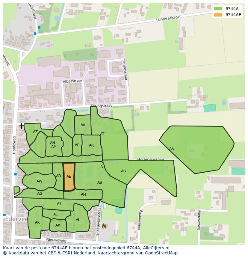 Afbeelding van het postcodegebied 6744 AE op de kaart.