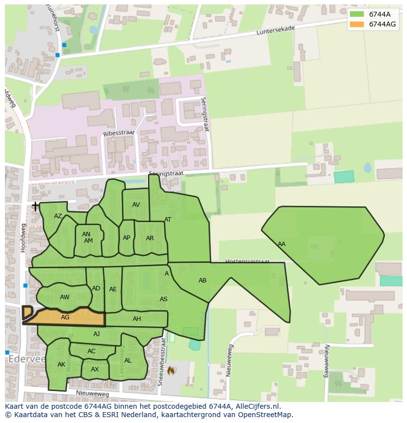 Afbeelding van het postcodegebied 6744 AG op de kaart.