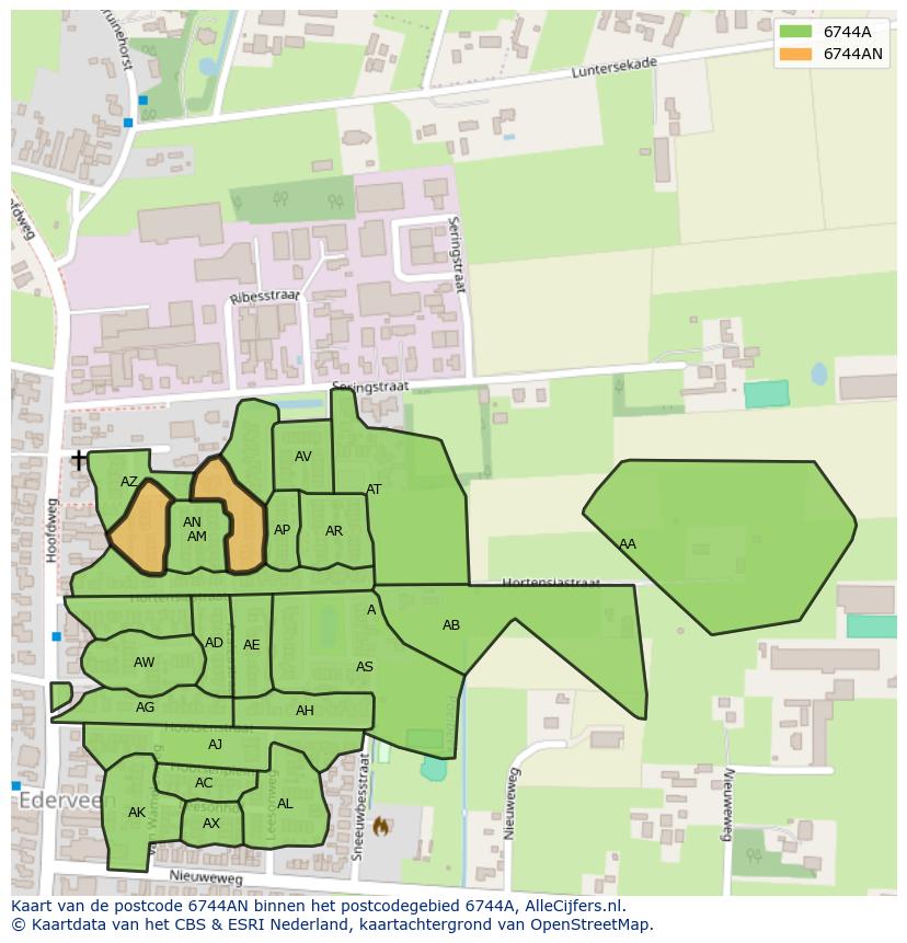 Afbeelding van het postcodegebied 6744 AN op de kaart.
