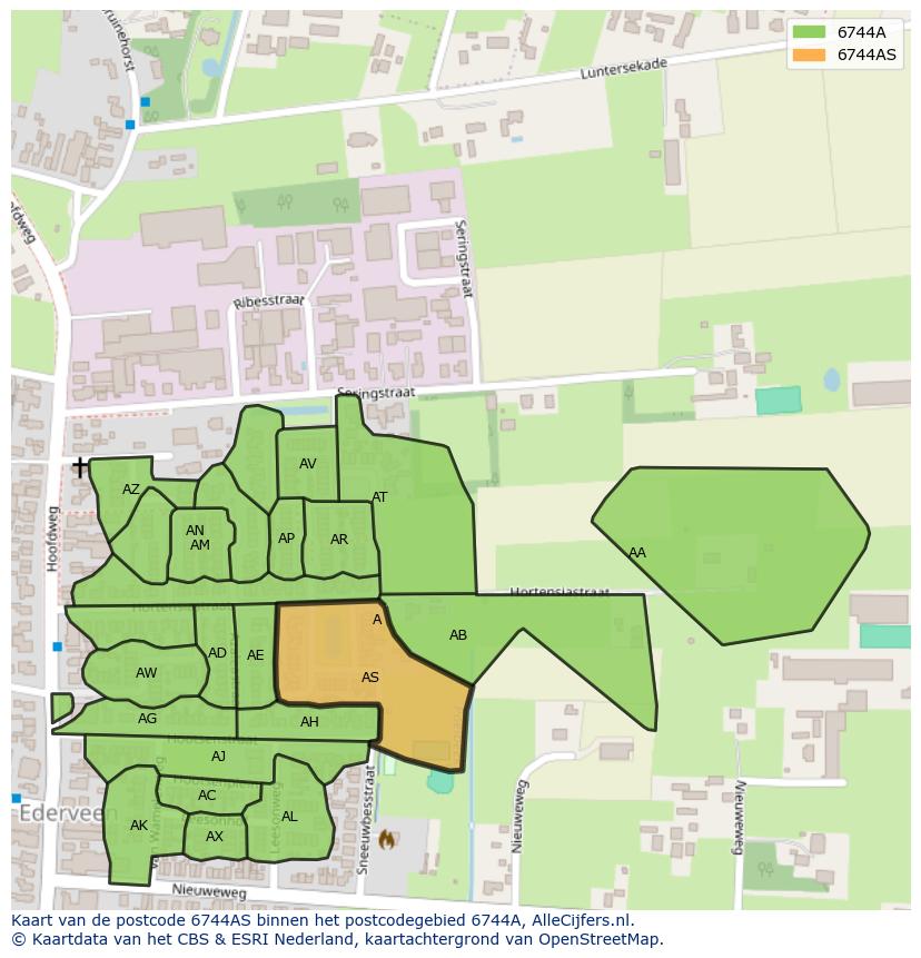 Afbeelding van het postcodegebied 6744 AS op de kaart.