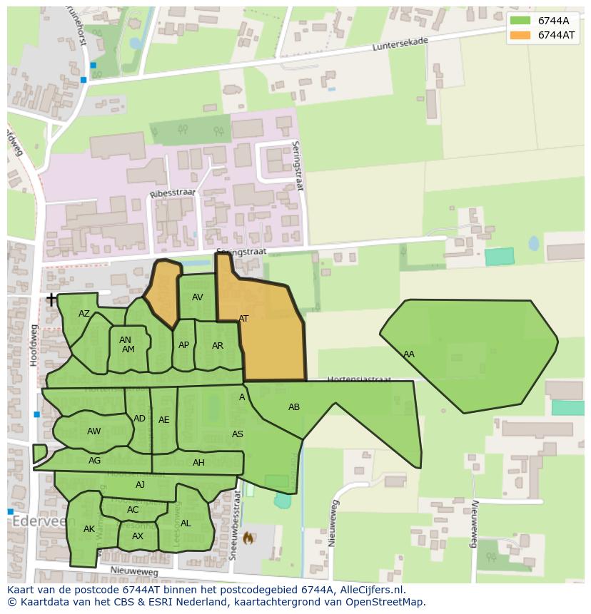 Afbeelding van het postcodegebied 6744 AT op de kaart.