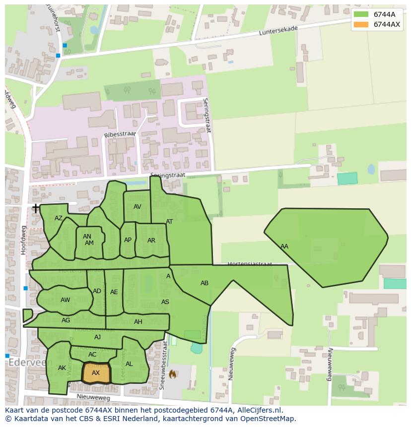 Afbeelding van het postcodegebied 6744 AX op de kaart.