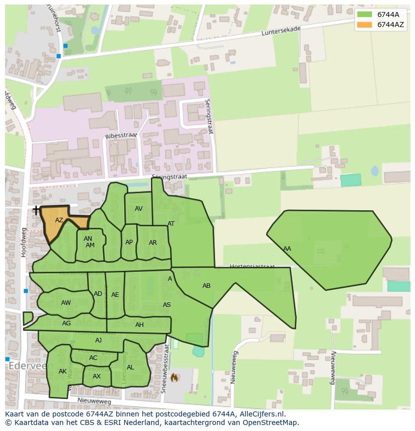 Afbeelding van het postcodegebied 6744 AZ op de kaart.