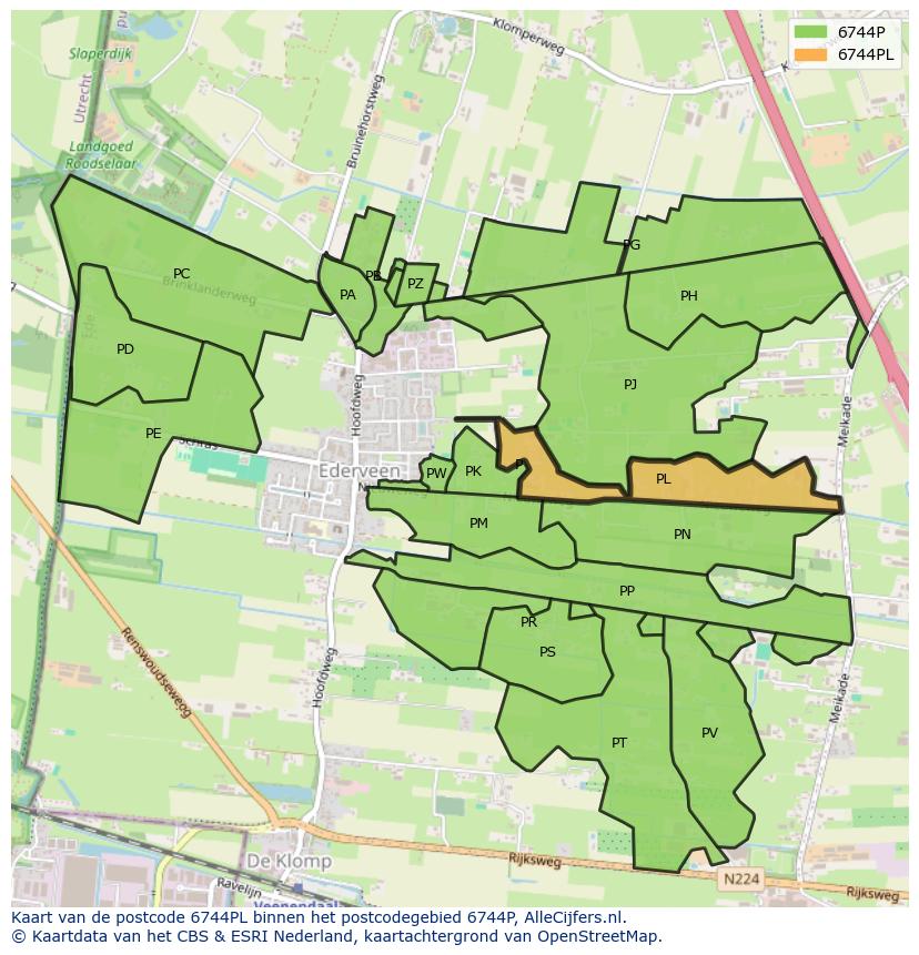 Afbeelding van het postcodegebied 6744 PL op de kaart.