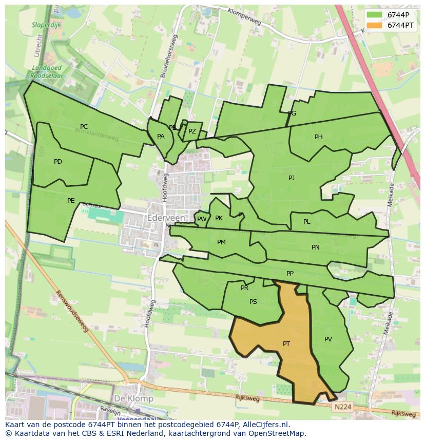 Afbeelding van het postcodegebied 6744 PT op de kaart.