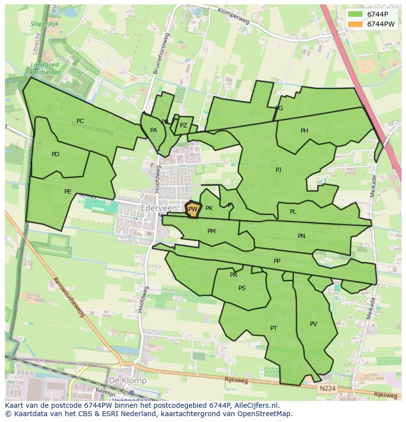 Afbeelding van het postcodegebied 6744 PW op de kaart.