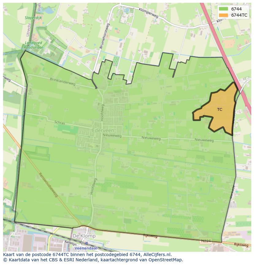 Afbeelding van het postcodegebied 6744 TC op de kaart.