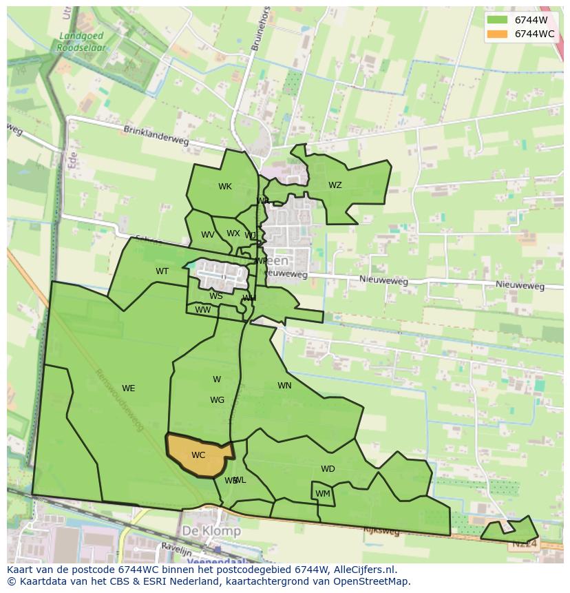 Afbeelding van het postcodegebied 6744 WC op de kaart.