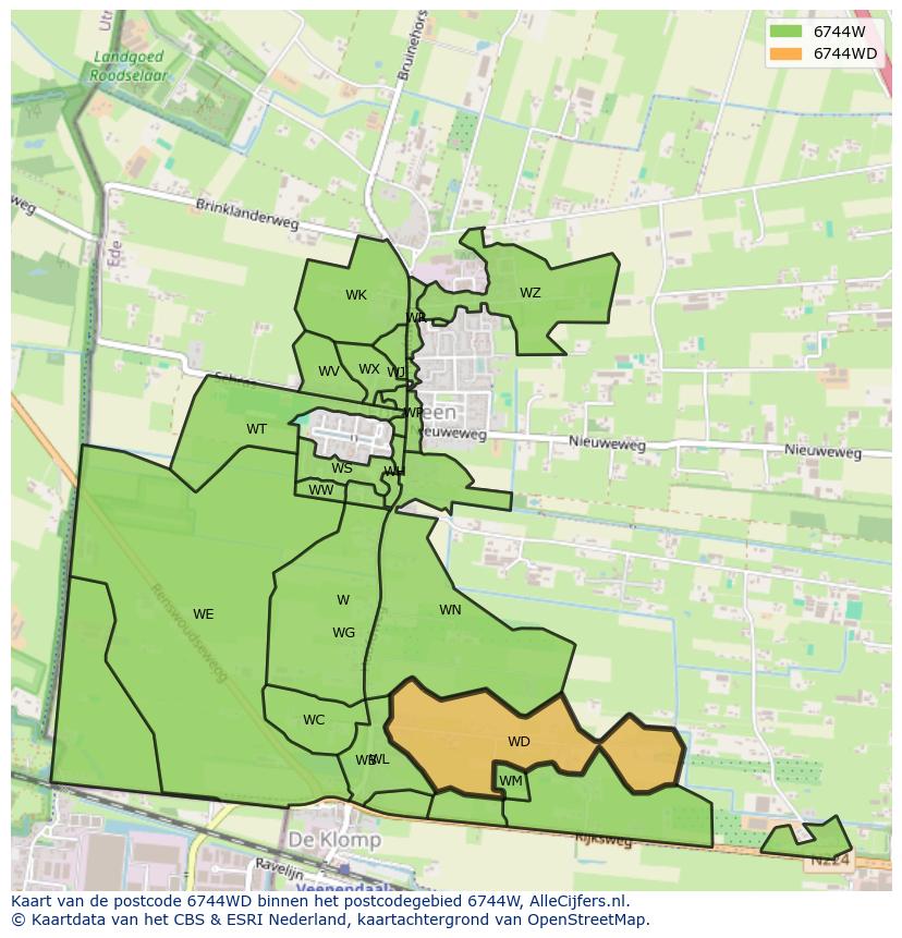 Afbeelding van het postcodegebied 6744 WD op de kaart.
