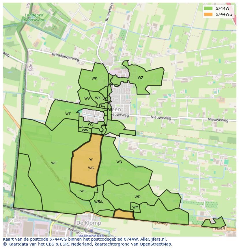 Afbeelding van het postcodegebied 6744 WG op de kaart.