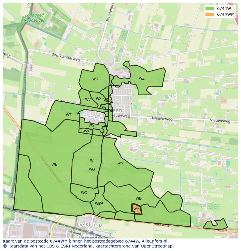 Afbeelding van het postcodegebied 6744 WM op de kaart.