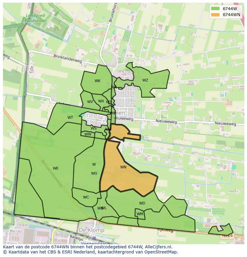 Afbeelding van het postcodegebied 6744 WN op de kaart.