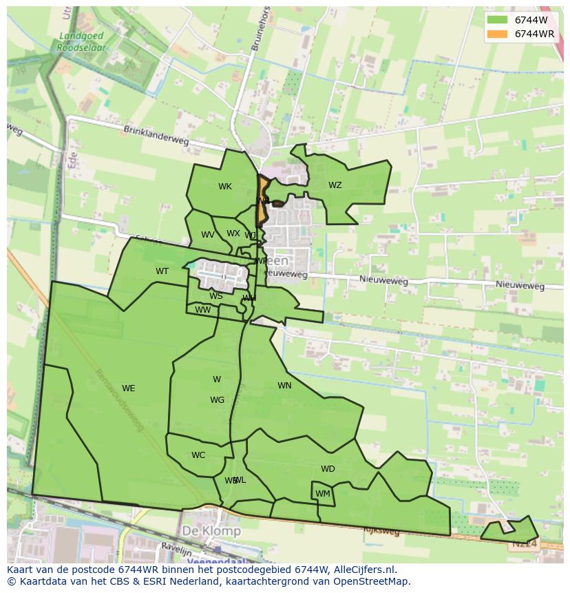 Afbeelding van het postcodegebied 6744 WR op de kaart.
