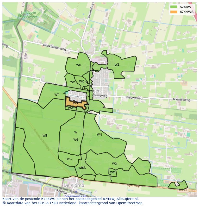 Afbeelding van het postcodegebied 6744 WS op de kaart.