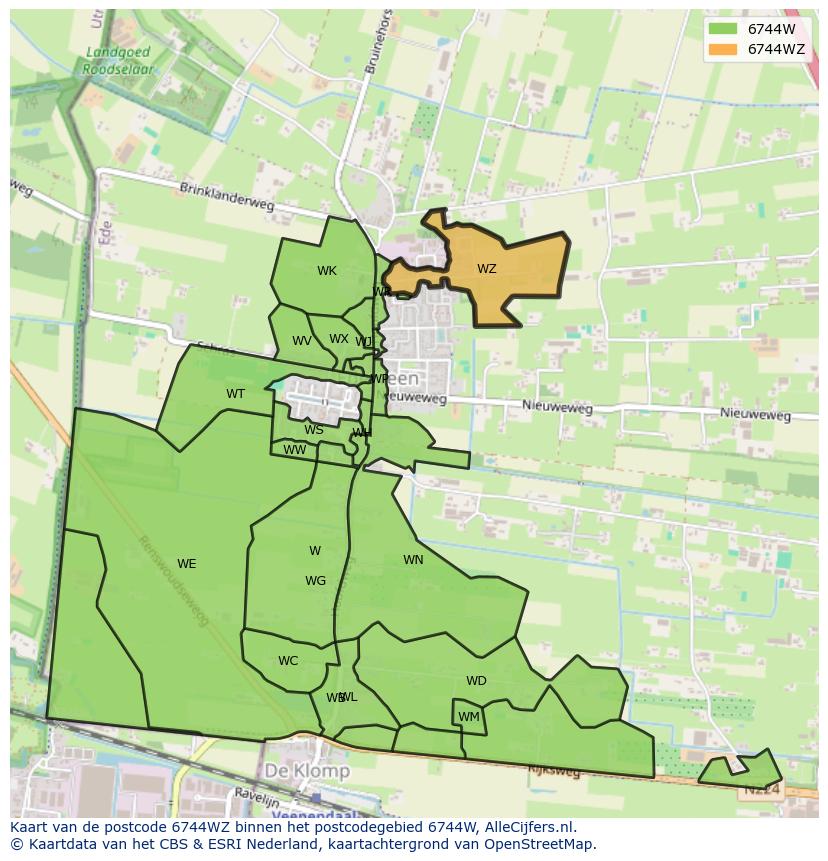 Afbeelding van het postcodegebied 6744 WZ op de kaart.